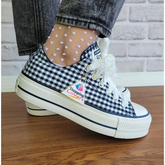 ⭐Converse Chuck Taylor Lift Platform Gingham 9.5 Women Shoes Navy white A13664C - Picture 4 of 14
